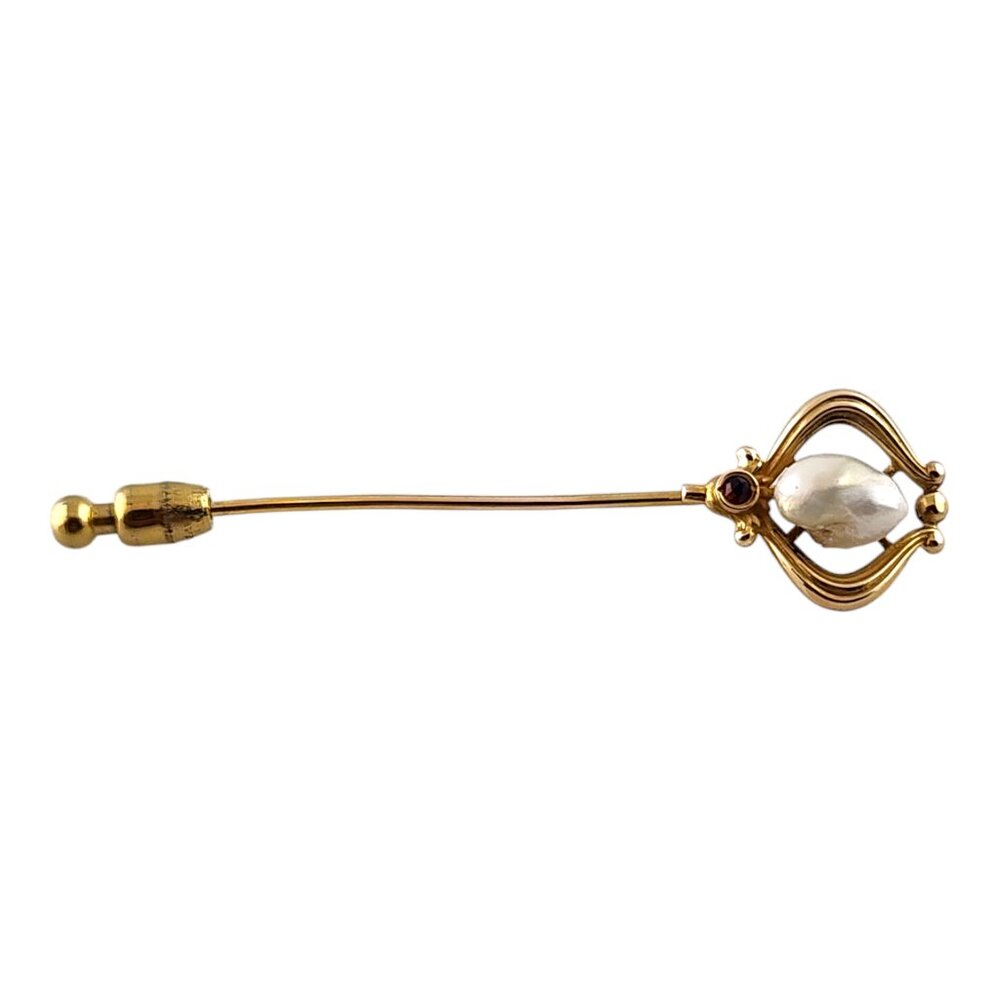 14 Karat Yellow Gold Mother of Pearl & Red Faceted Stone Pin #19808